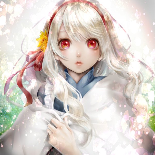 Anime picture 1200x1200 with kagerou project shaft (studio) mary (kagerou project) ao+beni single long hair looking at viewer red eyes white hair hair flower girl dress hair ornament hairband