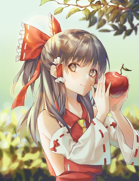 Anime picture 1200x1560 with touhou hakurei reimu cha chya single long hair tall image looking at viewer brown hair holding brown eyes upper body half updo girl bow plant (plants) hair bow detached sleeves fruit branch hair tubes