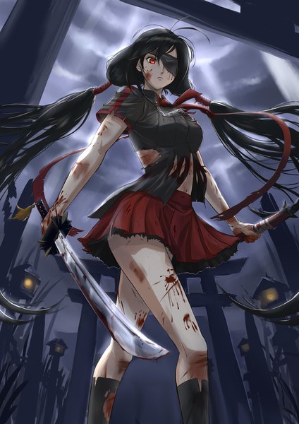 Anime picture 720x1018 with blood+ production i.g kisaragi saya jastersin21 tall image black hair red eyes twintails holding outdoors very long hair pleated skirt from below torn clothes low twintails glowing glowing eye (eyes) walking dual wielding blood on face