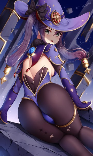 Anime picture 1200x2000 with genshin impact mona megistus wsman single long hair tall image looking at viewer blush fringe open mouth light erotic black hair hair between eyes sitting green eyes signed payot ass looking back from behind