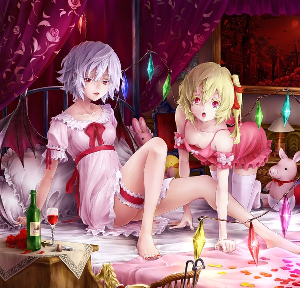 Anime picture 1300x1248 with touhou flandre scarlet remilia scarlet onokoro401 short hair open mouth light erotic blonde hair red eyes multiple girls cleavage white hair nail polish teeth fang (fangs) legs one side up flat chest bat wings girl