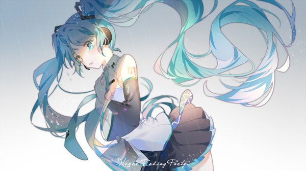 Anime picture 1244x700 with vocaloid hatsune miku whiteshirt single simple background wide image twintails looking away very long hair pleated skirt aqua eyes aqua hair grey background gradient background hand on chest shaded face girl skirt detached sleeves miniskirt