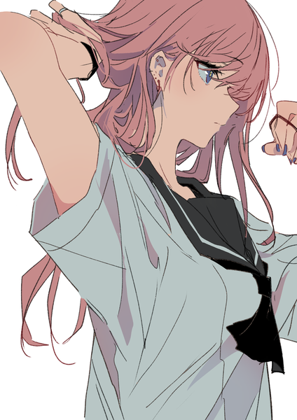 Anime picture 1447x2046 with original monsieur single long hair tall image blue eyes simple background white background looking away pink hair upper body nail polish profile piercing adjusting hair ear piercing blue nail polish tying hair girl uniform