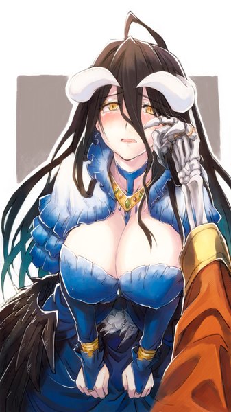 Anime-Bild 900x1600 mit overlord (maruyama) madhouse albedo (overlord) ainz ooal gown magurosu (xgpy8228) long hair tall image looking at viewer blush fringe breasts open mouth light erotic black hair simple background hair between eyes large breasts white background yellow eyes cleavage