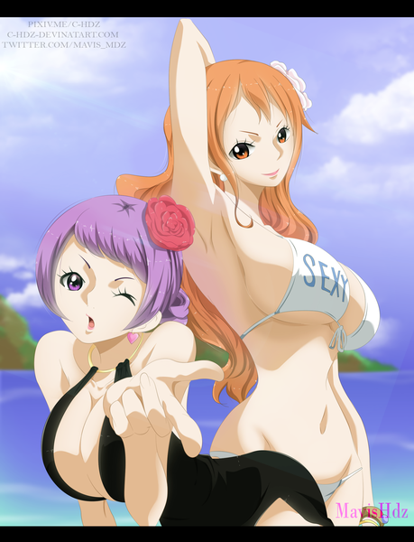 Anime picture 2000x2610 with one piece one piece film: gold toei animation nami (one piece) carina (one piece) mavis hdz long hair tall image looking at viewer fringe highres short hair breasts open mouth light erotic large breasts standing purple eyes bare shoulders multiple girls
