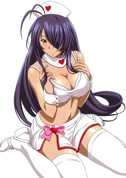 Anime picture 600x847 with ikkitousen kanu unchou single tall image looking at viewer blush fringe breasts blue eyes light erotic white background cleavage purple hair very long hair hair over one eye nurse girl thighhighs uniform white thighhighs