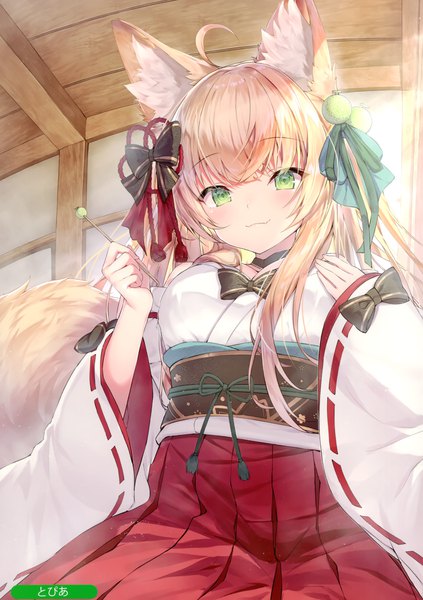 Anime picture 2083x2958 with melonbooks topia single long hair tall image looking at viewer fringe highres blonde hair green eyes signed animal ears ahoge indoors tail long sleeves traditional clothes japanese clothes animal tail scan