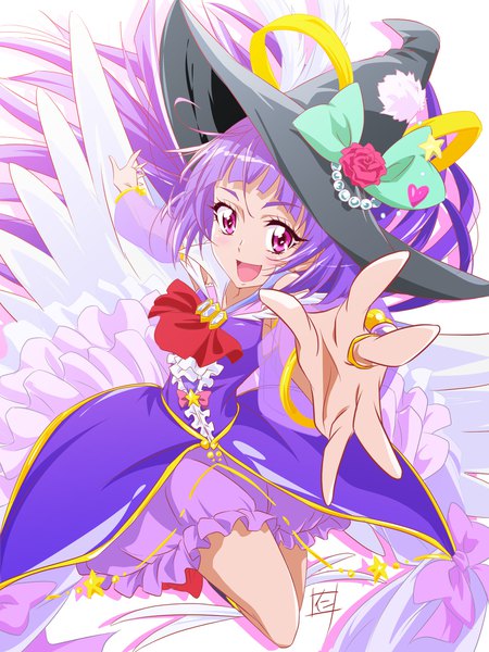 Anime picture 1536x2046 with precure mahou girls precure! toei animation izayoi riko cure magical nii manabu single long hair tall image looking at viewer open mouth purple eyes signed purple hair outstretched hand magical girl girl dress hat ring