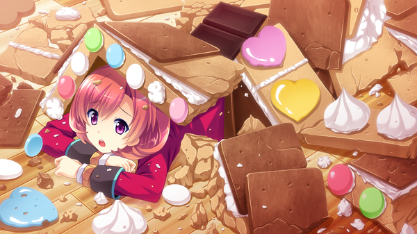 Anime picture 1920x1080 with baka moe heart ni ai wo komete! yamanaka kurumi single highres short hair wide image purple eyes pink hair game cg girl dress cookie (cookies) cream