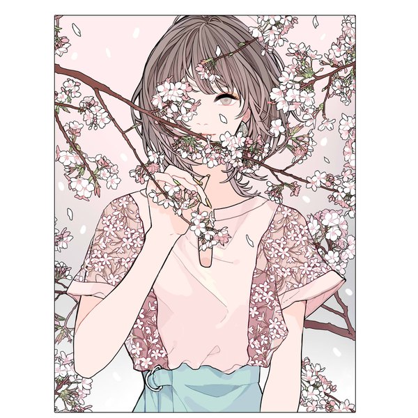 Anime picture 1800x1800 with original kko (um7mr) single looking at viewer highres short hair brown hair brown eyes upper body cherry blossoms floral print covering eye (eyes) spring flower over eye girl flower (flowers) petals branch
