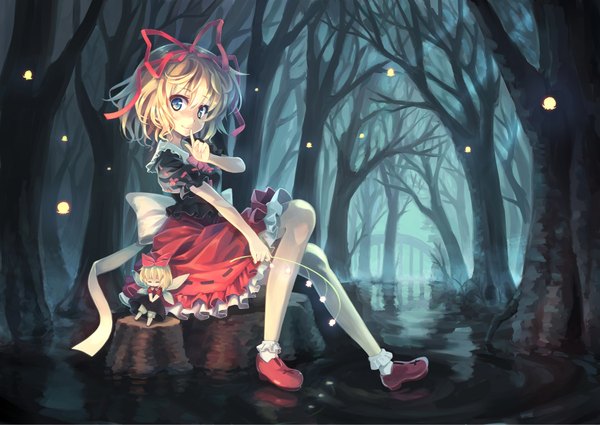 Anime picture 2023x1433 with touhou medicine melancholy su-san orita enpitsu looking at viewer blush highres short hair blonde hair smile eyes closed short sleeves puffy sleeves turning head glowing finger to mouth nature fairy girl skirt