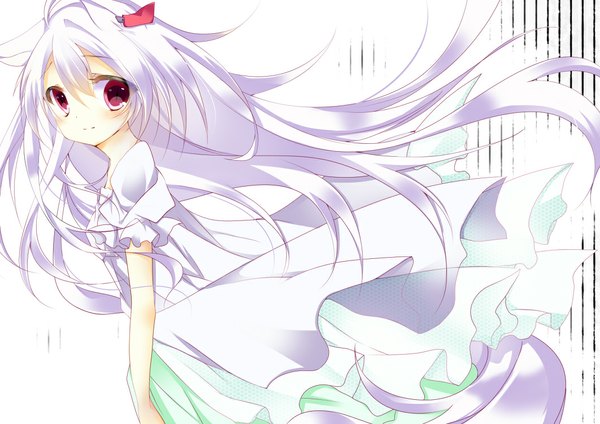 Anime picture 1062x752 with original umino mizu single long hair looking at viewer blush simple background red eyes white background white hair light smile dress