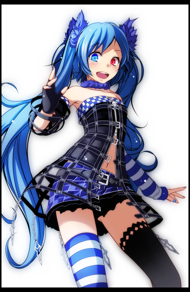 Anime-Bild 1628x2500 mit project diva vocaloid hatsune miku tsukishiro saika single tall image looking at viewer blush fringe open mouth light erotic white background twintails blue hair very long hair heterochromia ass visible through thighs different thighhighs rockin stone (module) girl