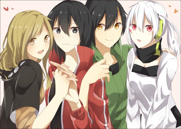 Anime picture 1245x885 with kagerou project shaft (studio) tagme (character) kisaragi shintarou kano shuuya seto kousuke bokumaru long hair looking at viewer blush short hair open mouth black hair simple background blonde hair smile red eyes multiple girls yellow eyes white hair