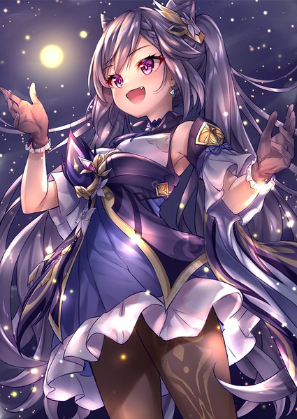 Anime picture 724x1023 with genshin impact keqing (genshin impact) tenton (henatyo) single long hair tall image fringe open mouth smile standing purple eyes twintails payot looking away purple hair braid (braids) :d wind night wide sleeves