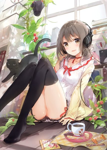 Anime picture 2110x2961 with original fuumi (radial engine) single long hair tall image looking at viewer blush fringe highres open mouth light erotic smile hair between eyes brown hair sitting brown eyes bent knee (knees) indoors pleated skirt sunlight