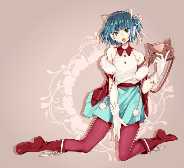 Anime picture 1500x1368 with utau ryone yami toudou charo single looking at viewer blush short hair open mouth bare shoulders green eyes blue hair open clothes open jacket girl dress gloves ribbon (ribbons) hair ribbon pantyhose jacket