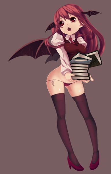 Anime picture 1600x2500 with touhou koakuma cutting (mkjtl) single long hair tall image fringe open mouth light erotic simple background red eyes holding looking away red hair teeth fang (fangs) puffy sleeves bat wings head wings lowleg