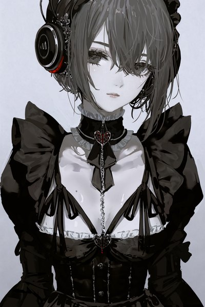 Anime picture 4915x7372 with original nixeu single tall image looking at viewer fringe highres short hair breasts simple background hair between eyes absurdres upper body head tilt grey background mole puffy sleeves monochrome frilled dress mole on breast