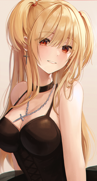 Anime picture 1601x2968 with death note madhouse amane misa myowa single long hair tall image looking at viewer blush fringe breasts simple background blonde hair hair between eyes red eyes large breasts standing bare shoulders payot cleavage