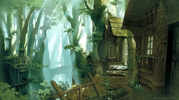 Anime picture 1280x720 with original mary (pixiv) wide image wallpaper no people landscape summer nature village plant (plants) tree (trees) window leaf (leaves) forest house door roof