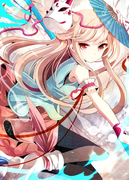 Anime picture 1799x2504 with touhou hata no kokoro fumiko (miruyuana) single long hair tall image looking at viewer highres blonde hair red eyes nail polish expressionless girl skirt pantyhose wrist cuffs mask fan blouse thread