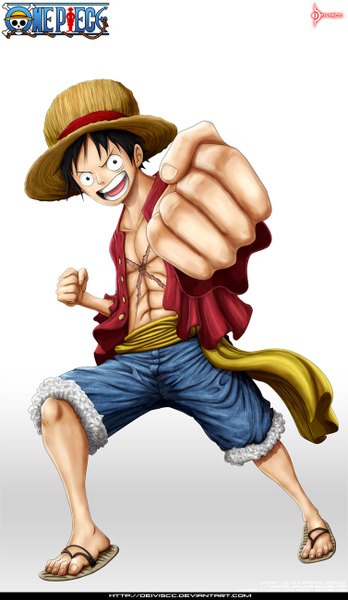 Anime-Bild 754x1300 mit one piece toei animation monkey d. luffy deiviscc single tall image short hair open mouth black hair simple background smile white background black eyes inscription open clothes open shirt coloring scar muscle boy
