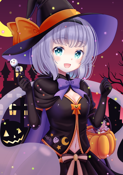 Anime picture 2894x4093 with touhou konpaku youmu myon reimei (r758120518) single tall image looking at viewer highres short hair open mouth blue eyes smile sky cleavage purple hair halloween crescent silhouette red sky girl