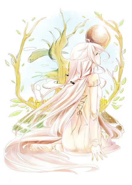Anime picture 786x1100 with vocaloid ia (vocaloid) tsujiori single long hair tall image sitting white hair braid (braids) eyes closed barefoot from behind no shoes twin braids underwater girl dress animal white dress algae