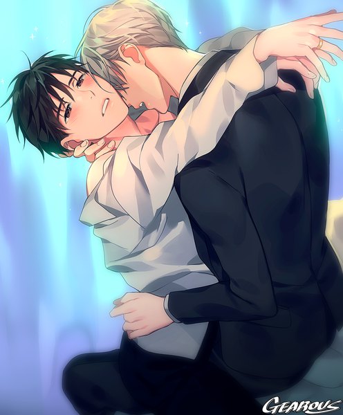 Anime picture 950x1149 with yuri!!! on ice mappa viktor nikiforov katsuki yuuri gearous tall image looking at viewer blush fringe short hair open mouth light erotic black hair simple background hair between eyes sitting bare shoulders brown eyes signed silver hair
