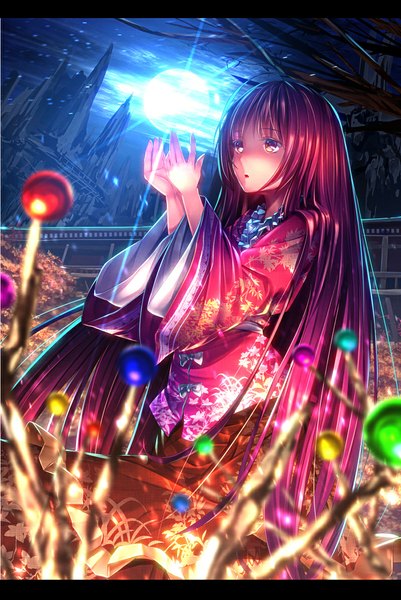 Anime picture 800x1195 with touhou houraisan kaguya ryosios single long hair tall image brown hair brown eyes traditional clothes japanese clothes night floral print light letterboxed revision girl plant (plants) tree (trees) kimono branch