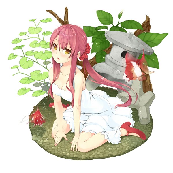 Anime picture 1000x1000 with original unasaka ryou single long hair looking at viewer blush white background bare shoulders yellow eyes pink hair girl shoes leaf (leaves) sundress fish (fishes)