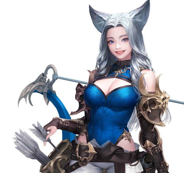 Anime picture 1920x1811 with oceans & empires ake (cherrylich) single long hair looking at viewer highres breasts blue eyes light erotic simple background smile white background animal ears cleavage silver hair girl weapon armor pants leotard