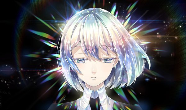 Anime picture 1772x1054 with houseki no kuni diamond (houseki no kuni) silverbin single fringe highres short hair hair between eyes wide image silver hair wind sparkle black background looking down face silver eyes shiny androgynous