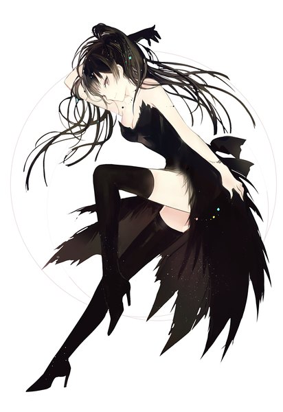 Anime picture 650x946 with original lpip single long hair tall image looking at viewer fringe black hair smile bare shoulders brown eyes full body bent knee (knees) ponytail lying profile from above high heels zettai ryouiki girl