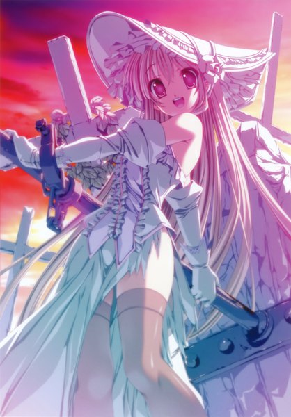 Anime picture 2176x3119 with senomoto hisashi long hair tall image highres open mouth blonde hair pink eyes evening sunset girl thighhighs cross handcuffs