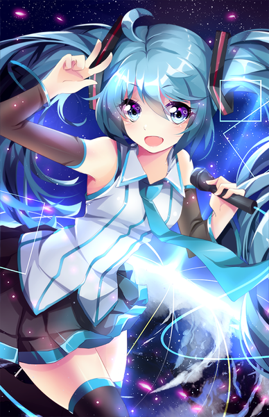 Anime picture 776x1200 with vocaloid hatsune miku squchan single long hair tall image open mouth blue eyes smile twintails blue hair pleated skirt victory girl thighhighs skirt black thighhighs necktie star (stars) microphone