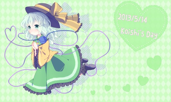 Anime picture 2000x1200 with touhou komeiji koishi matsuri (powq) single long hair highres wide image green eyes green hair heart of string girl dress hat heart