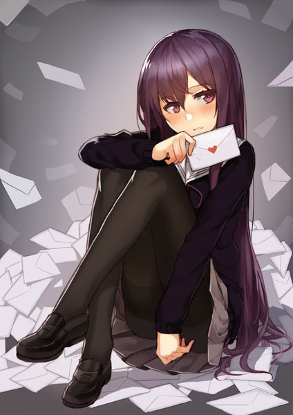 Anime picture 1415x2000 with original hitoshi single long hair tall image blush highres open mouth light erotic sitting purple eyes looking away purple hair long sleeves parted lips pleated skirt grey background embarrassed covering girl