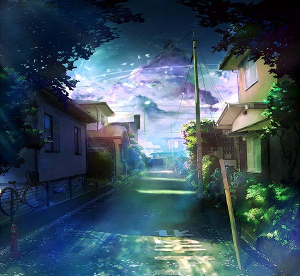 Anime picture 1000x920 with original yatsude sky cloud (clouds) sunlight no people street multicolored flower (flowers) plant (plants) animal tree (trees) bird (birds) leaf (leaves) ground vehicle house power lines bicycle