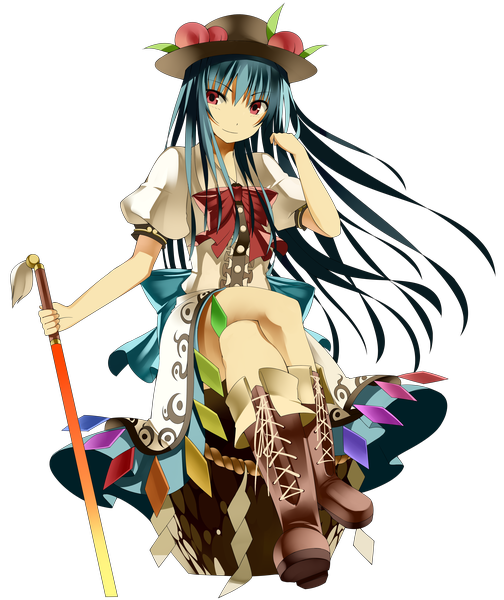 Anime picture 3700x4403 with touhou hinanawi tenshi kureha (ironika) long hair tall image highres absurdres pink eyes light smile aqua hair crossed legs transparent background girl hat boots peach