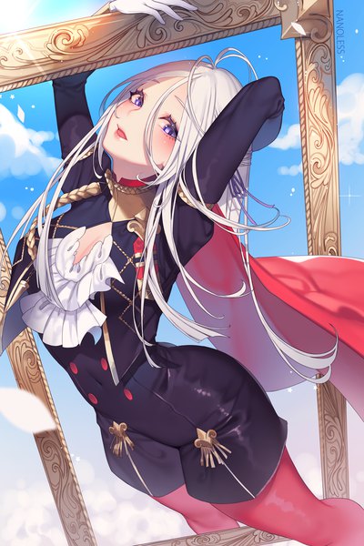 Anime picture 2200x3300 with fire emblem fire emblem: three houses nintendo edelgard von hresvelg nanoless single long hair tall image looking at viewer blush fringe highres breasts open mouth hair between eyes purple eyes signed sky cleavage cloud (clouds)