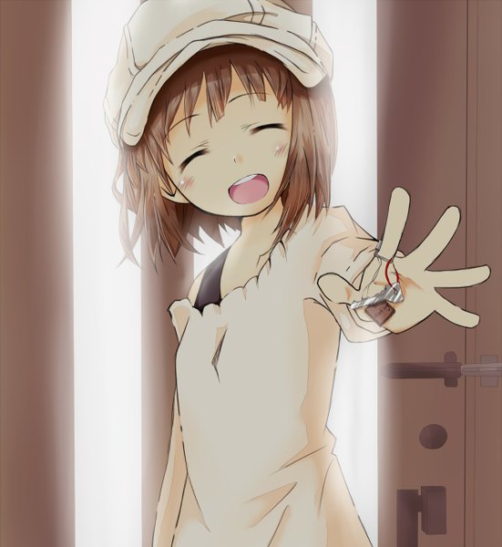 Anime picture 1200x1307 with working!! a-1 pictures takanashi nazuna single tall image blush short hair open mouth brown hair eyes closed girl flat cap key
