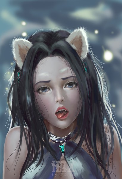 Anime picture 1080x1578 with original ydiya single long hair tall image looking at viewer open mouth blue eyes black hair animal ears head tilt lips fang (fangs) eyeshadow licking girl earrings tongue