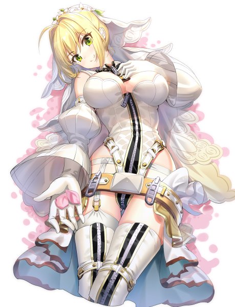 Anime picture 918x1200 with fate (series) fate/extra fate/extra ccc nero claudius (fate) nero claudius (bride) (fate) ririko (zhuoyandesailaer) single tall image looking at viewer blush fringe short hair breasts light erotic simple background blonde hair smile hair between eyes large breasts standing