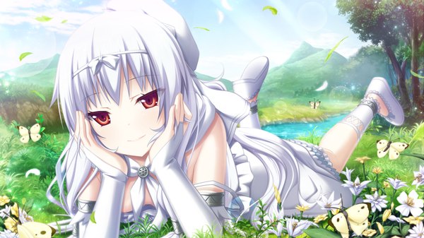 Anime picture 1280x720 with madou koukaku eushully long hair looking at viewer red eyes wide image game cg white hair loli mountain girl dress flower (flowers) detached sleeves insect butterfly