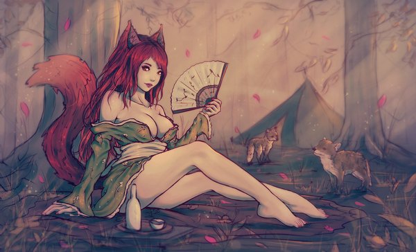 Anime picture 1280x777 with original soranamae single long hair breasts light erotic red eyes wide image large breasts sitting bare shoulders holding animal ears looking away outdoors red hair tail nail polish traditional clothes japanese clothes