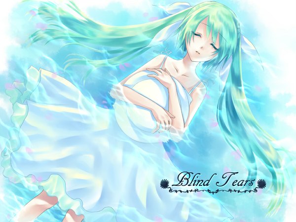 Anime picture 1024x768 with vocaloid hatsune miku single long hair twintails bare shoulders lying eyes closed aqua hair hug girl hat water sundress
