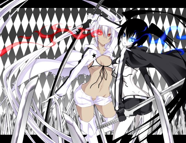 Anime picture 1200x923 with black rock shooter black rock shooter (character) kuroi mato white rock shooter daive long hair blue eyes black hair red eyes twintails multiple girls white hair girl weapon 2 girls sword shorts fire white shorts
