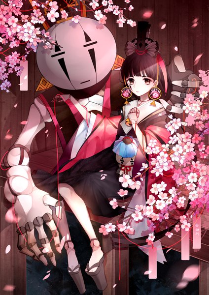Anime picture 1400x1979 with onmyoji kuilei shi yu jiu long hair tall image fringe black hair sitting brown eyes blunt bangs traditional clothes japanese clothes sparkle lipstick cherry blossoms facial mark low ponytail pale skin red lipstick girl